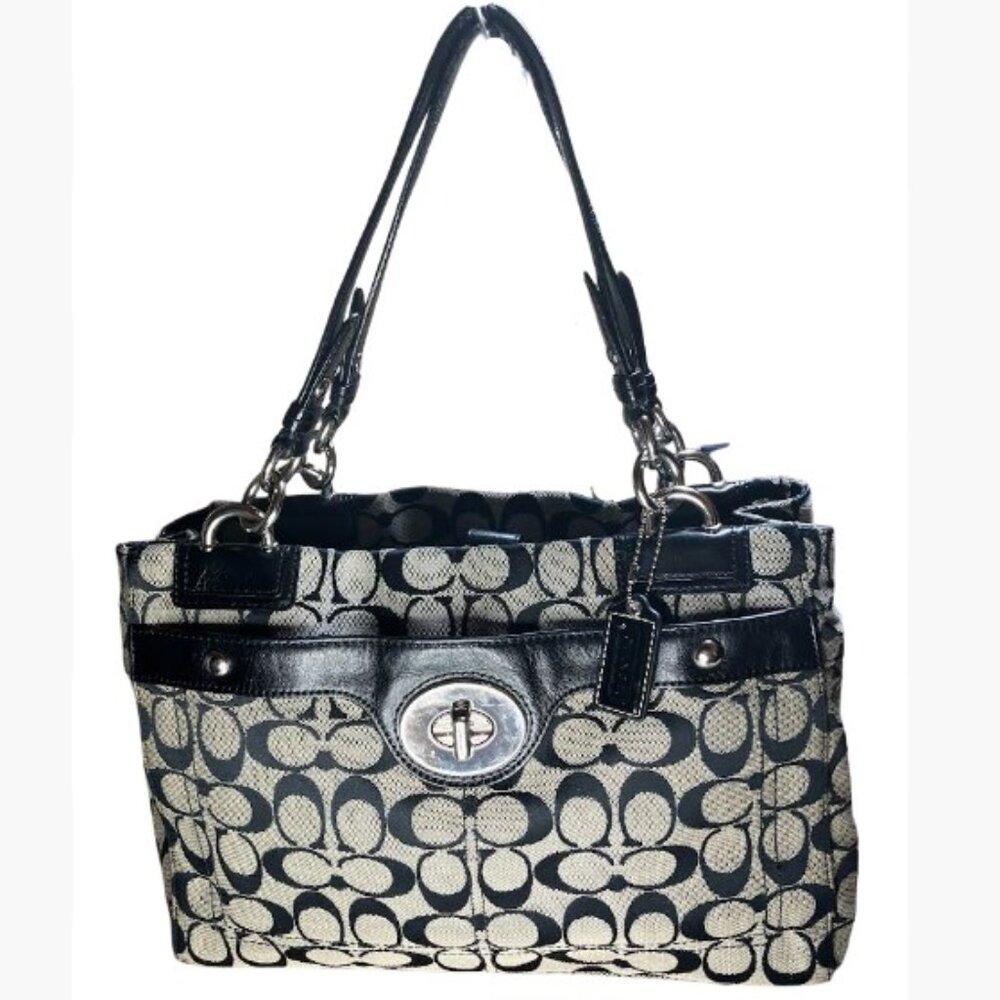 Coach Black and Cream Signature Canvas Shoulder Bag
